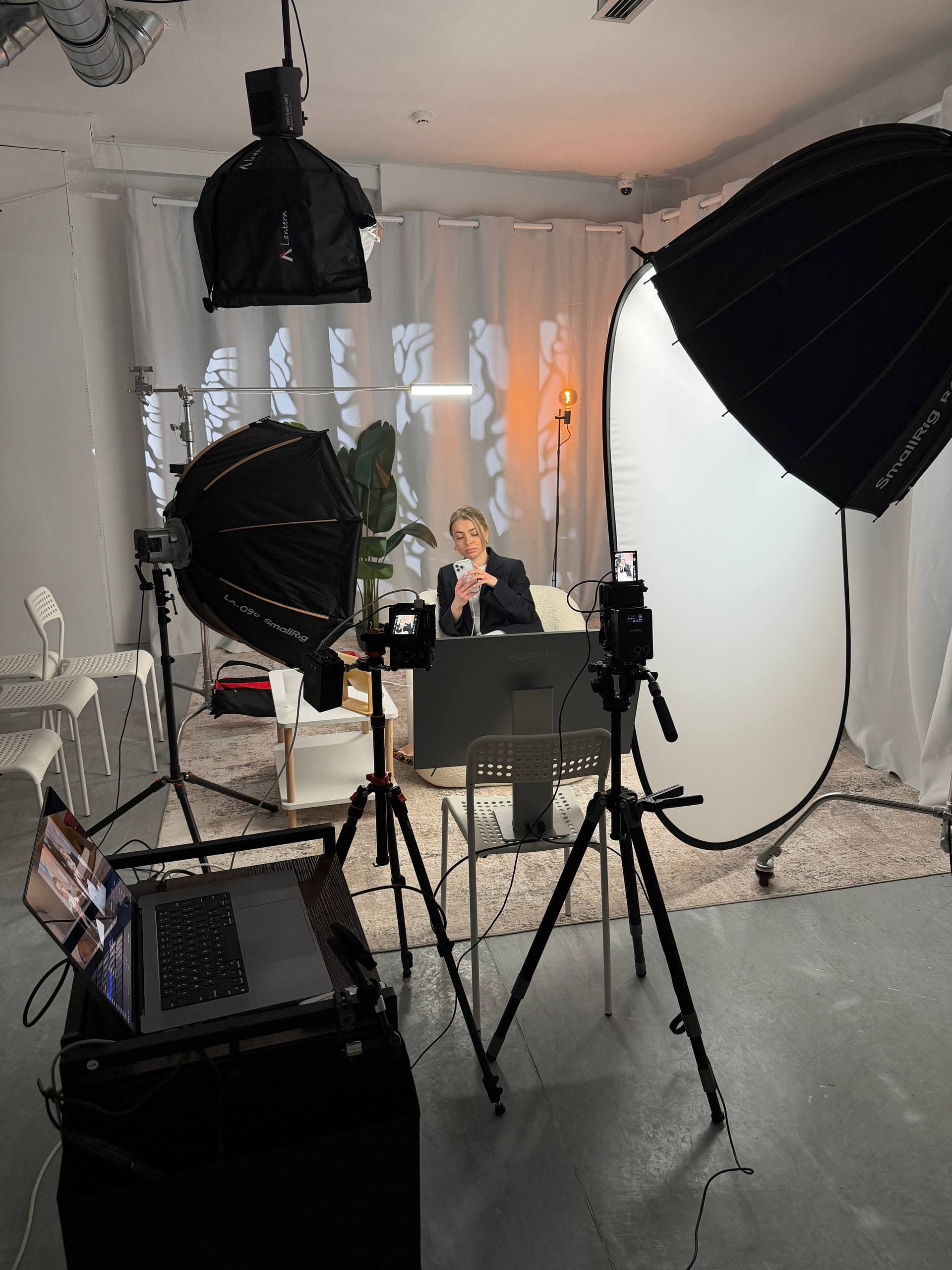 Multi-camera professional studio setup with softbox array