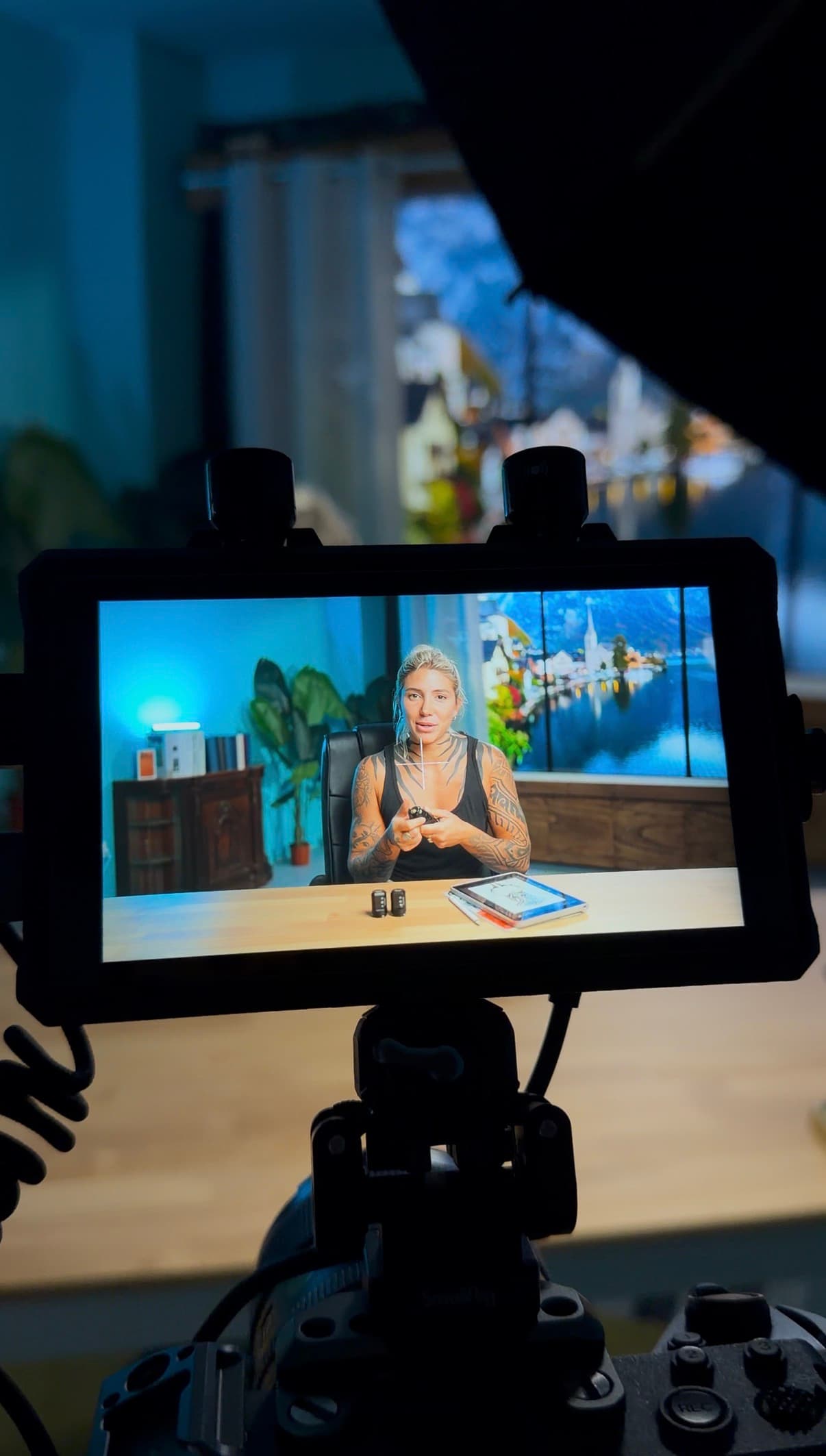 Behind the scenes camera monitor view during recording session