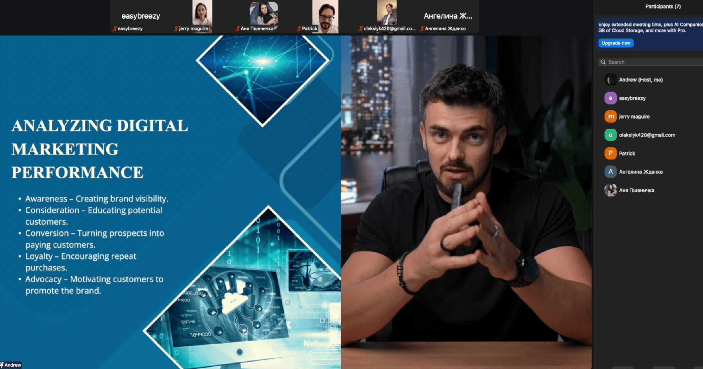 Live Zoom webinar in progress at Film Büro Lisbon studio — presenter with marketing slides, Infinite Digital Window cityscape, and live participants near Marquês de Pombal