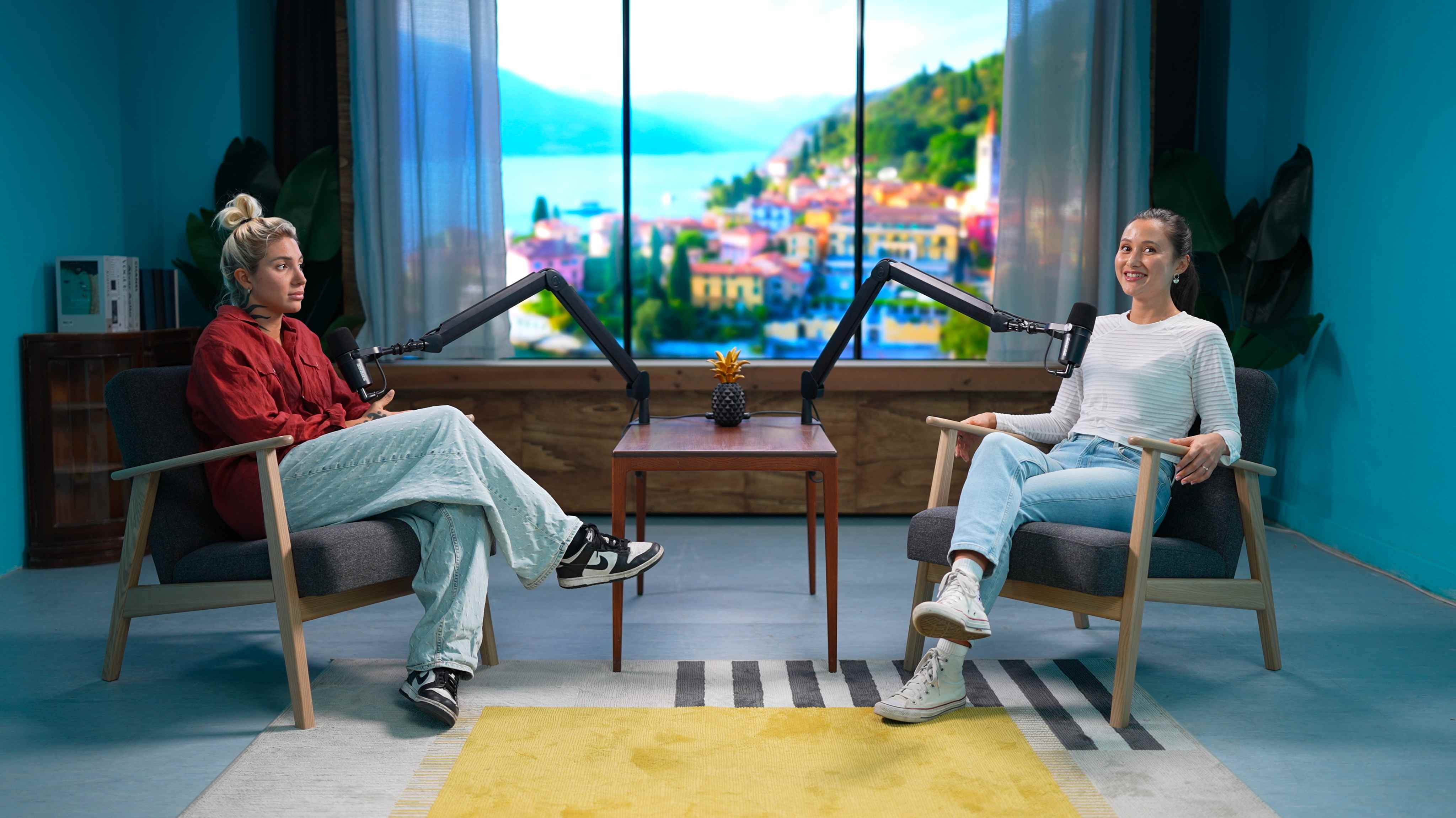 Podcast recording with scenic digital window background